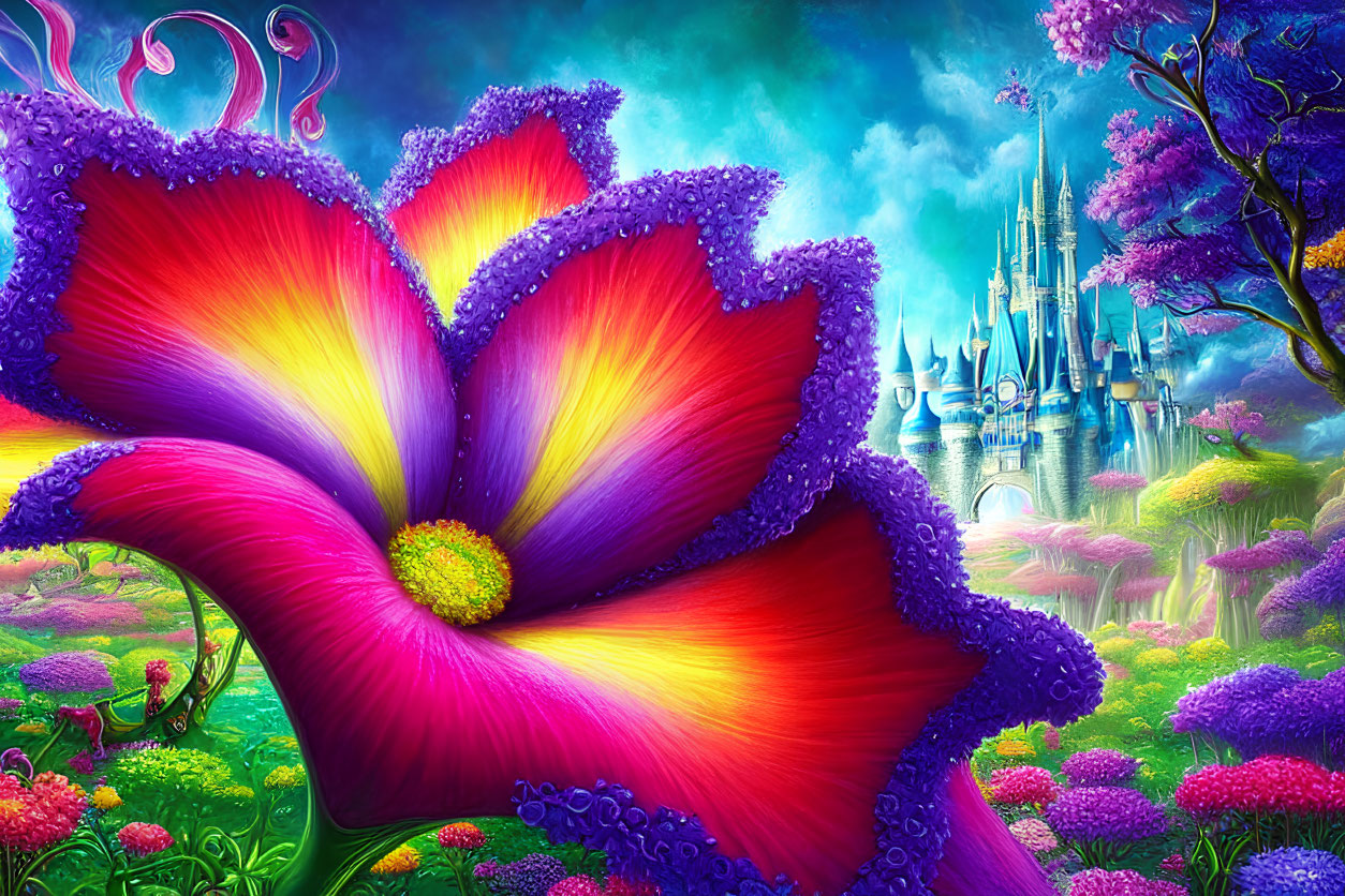 Colorful Flower and Fantasy Castle in Vibrant Digital Art