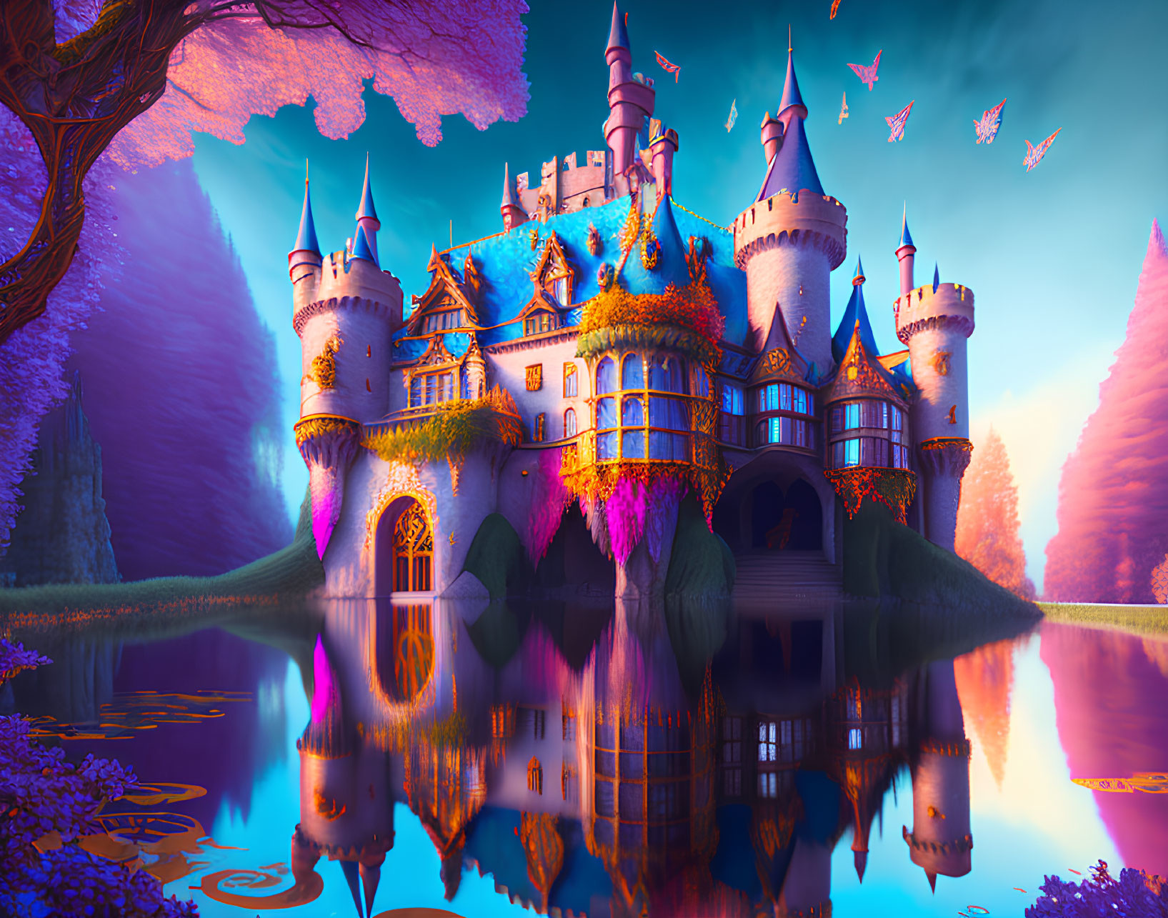 Colorful Flora Surrounds Fantasy Castle by Tranquil Lake