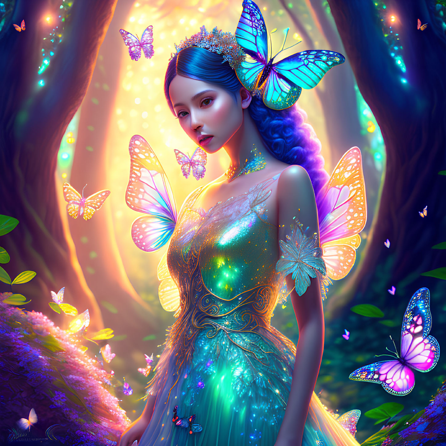 Fantasy illustration of woman with butterfly wings in glowing forest