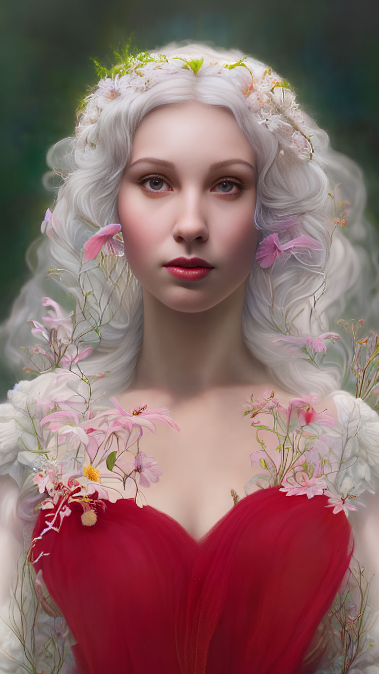 Portrait of woman with pale skin, white curly hair, red floral dress, against green background