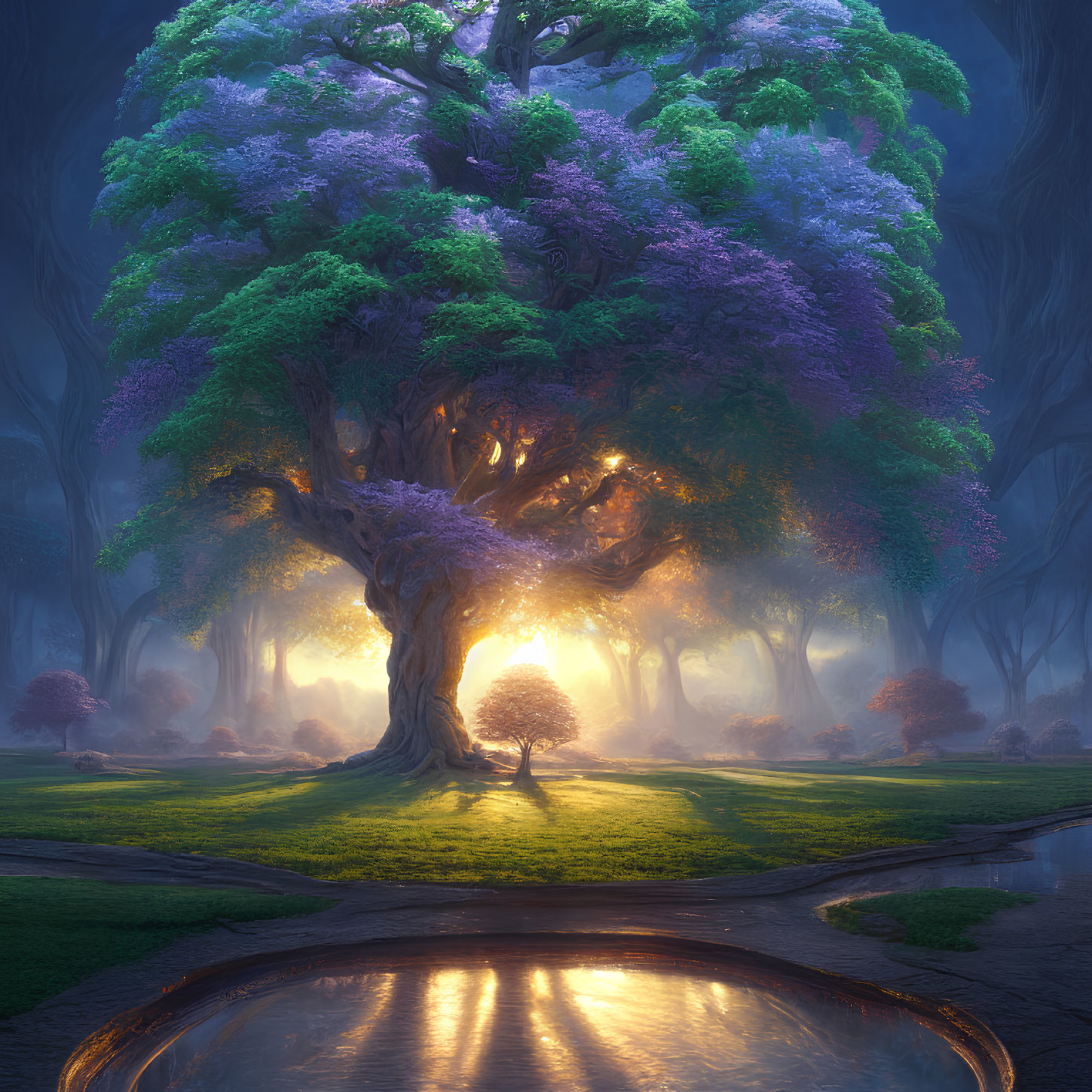 Majestic tree with purple and green foliage in tranquil grove