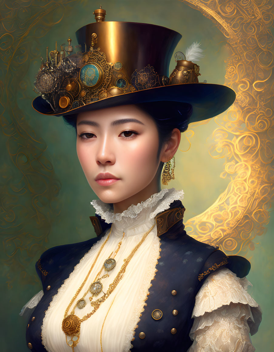 Steampunk-themed woman with elaborate top hat and Victorian attire