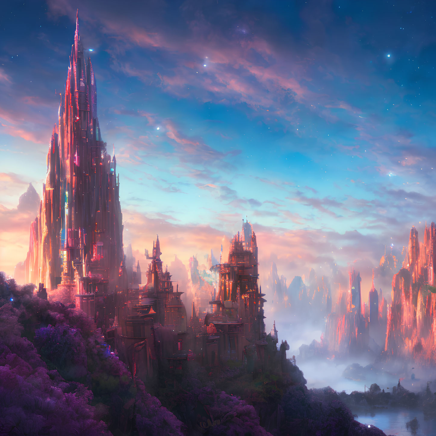 Fantastical landscape with crystal castle, purple fields, cliffs, and sunset sky