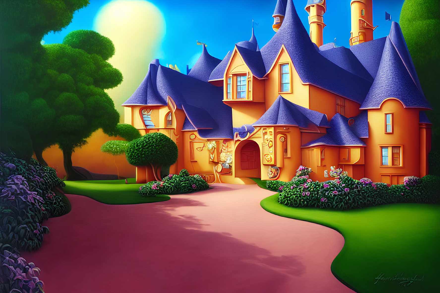 Colorful fantasy castle illustration with gardens and sun