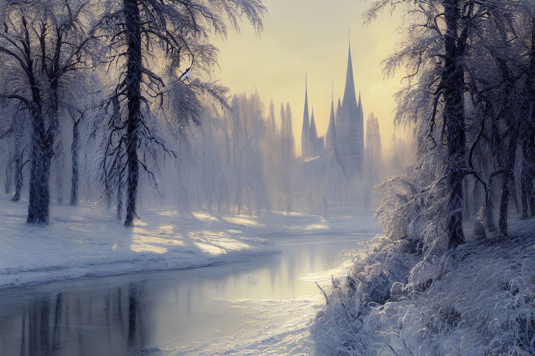 Frost-covered trees by serpentine river with gothic cathedral in soft morning light