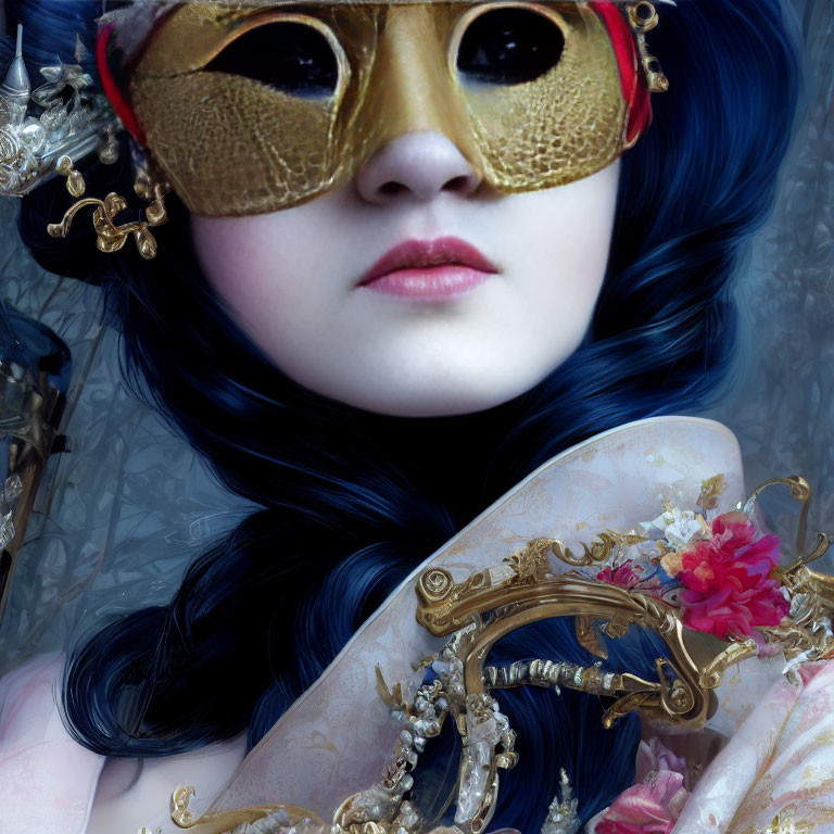 Pale-skinned person with blue hair wearing a golden masquerade mask holding an ornate object on