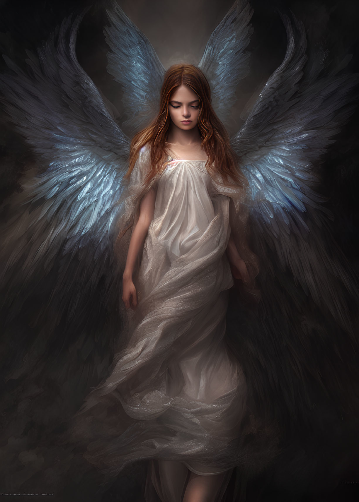 Digital art: Ethereal woman with blue wings in white dress on dark background