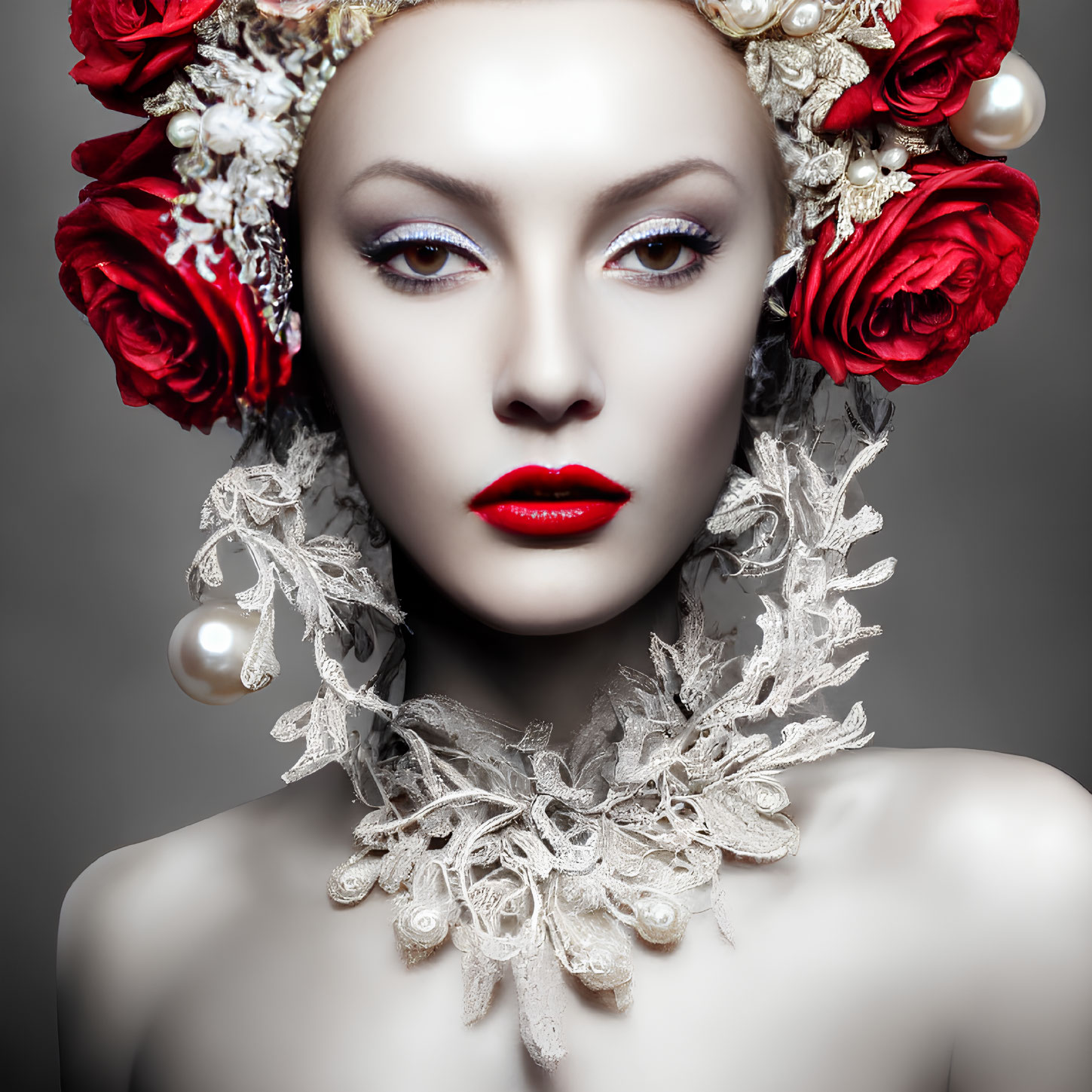 Portrait of a Woman with Red Lips and Floral Headpiece