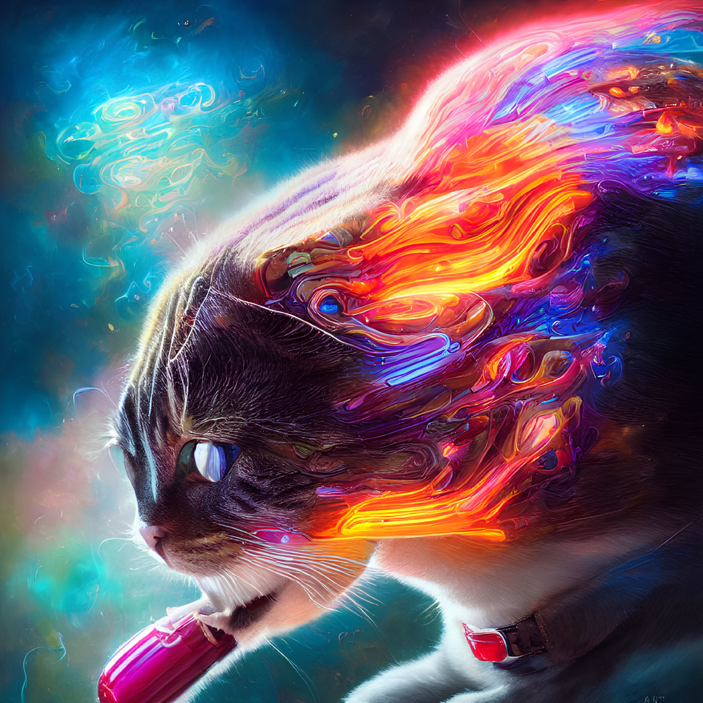 Colorful digital artwork: Cat's brain activity in vibrant swirls