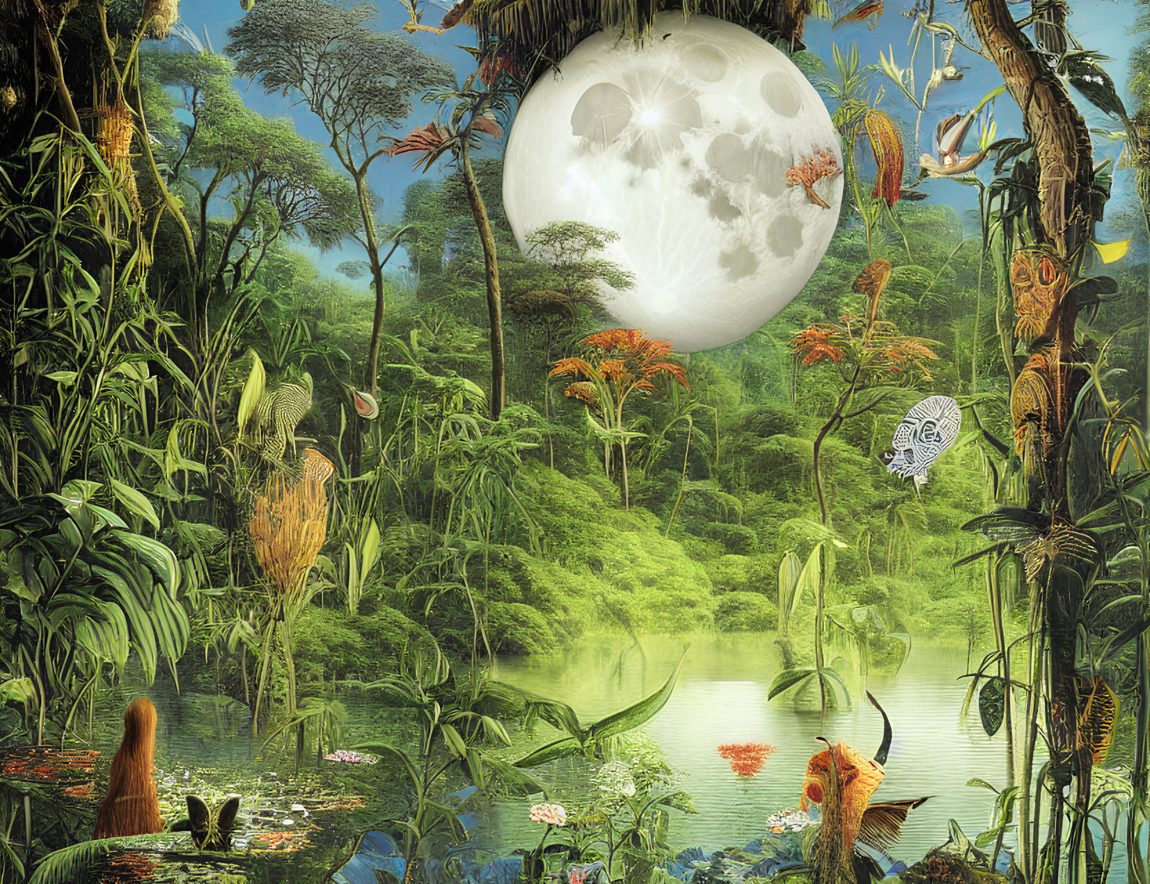 Vibrant fantastical jungle with exotic plants and creatures