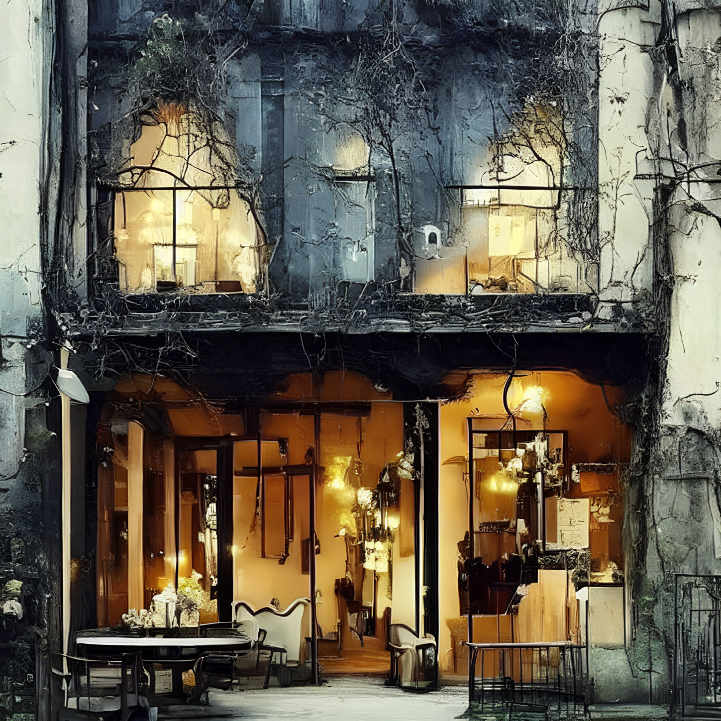 Vintage building with warm lights, ivy, and outdoor seating captured in atmospheric image