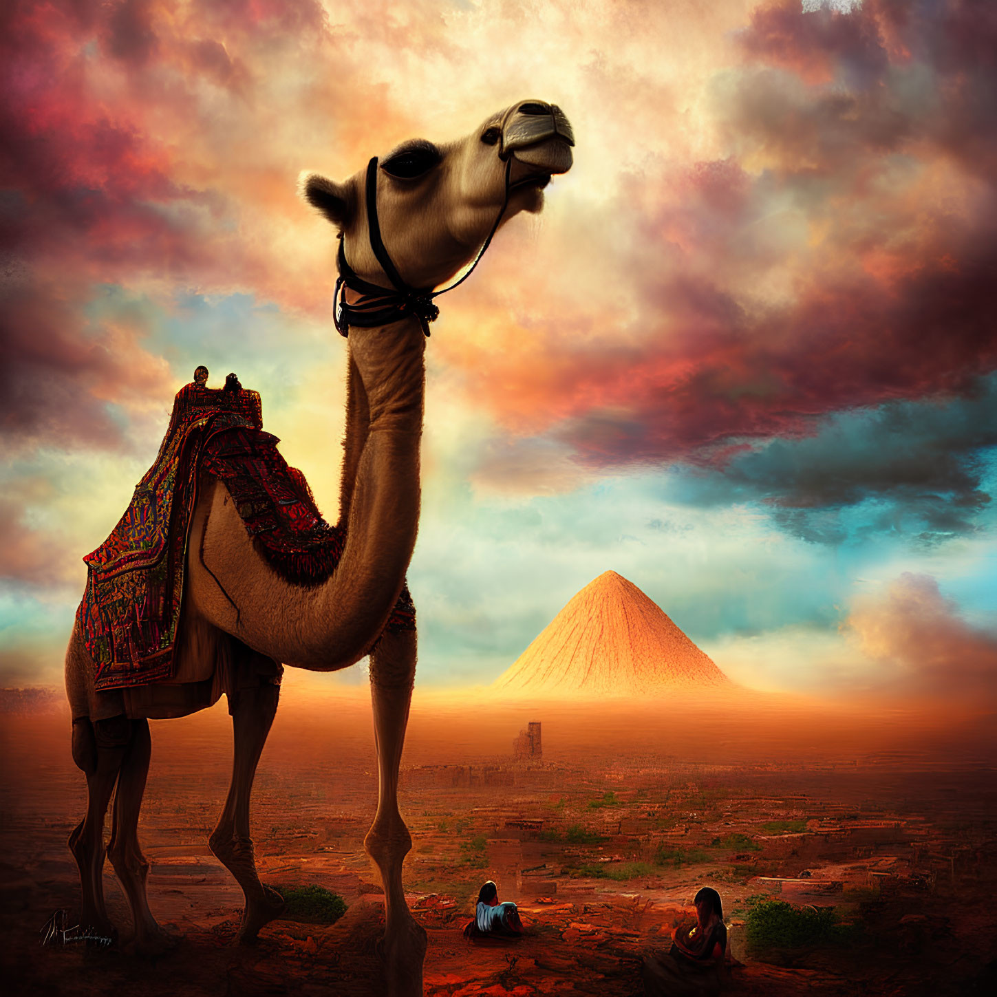 Camel and People with Pyramid in Desert Sunset Landscape