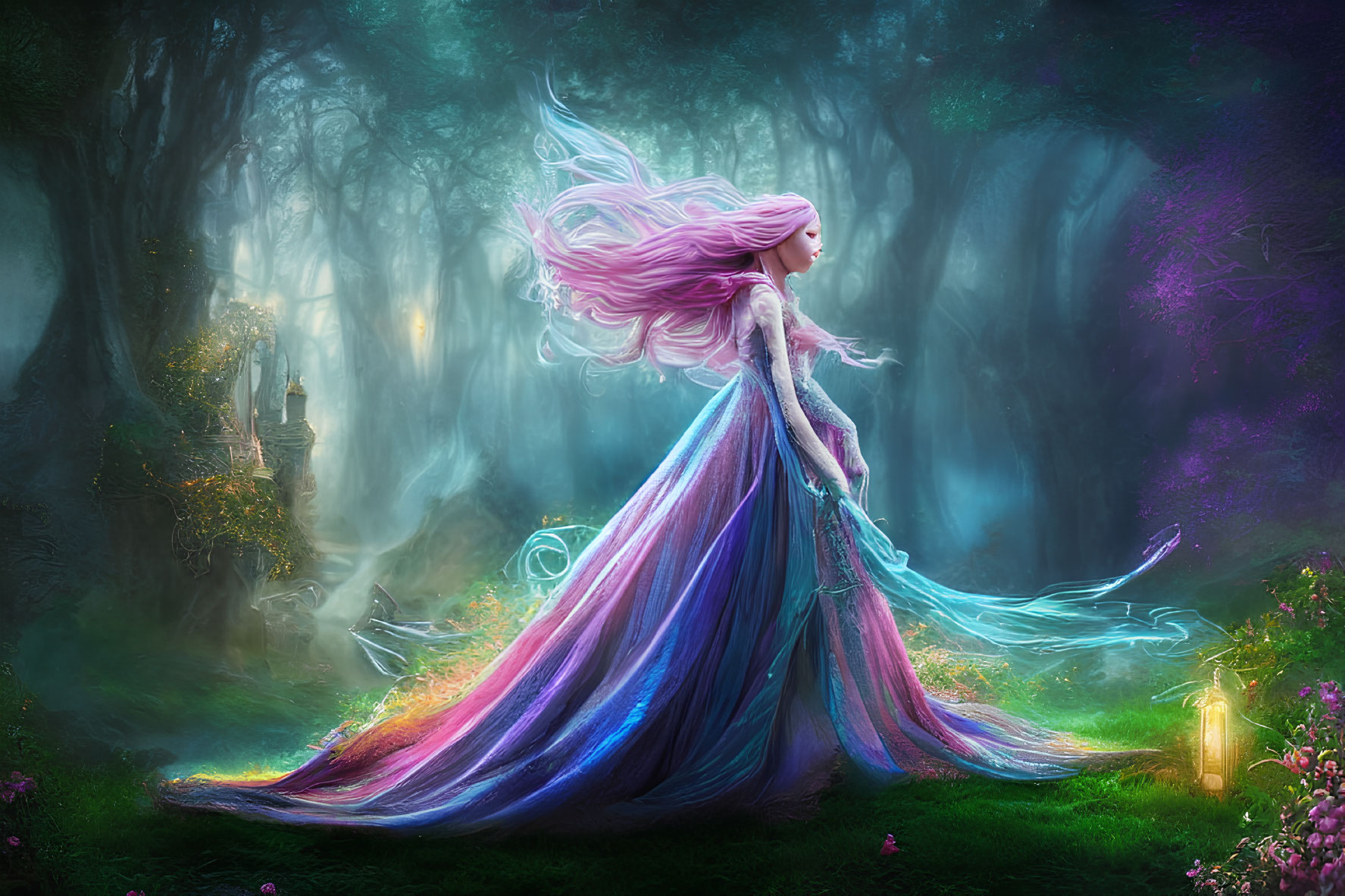 Ethereal woman with pink hair in mystical forest
