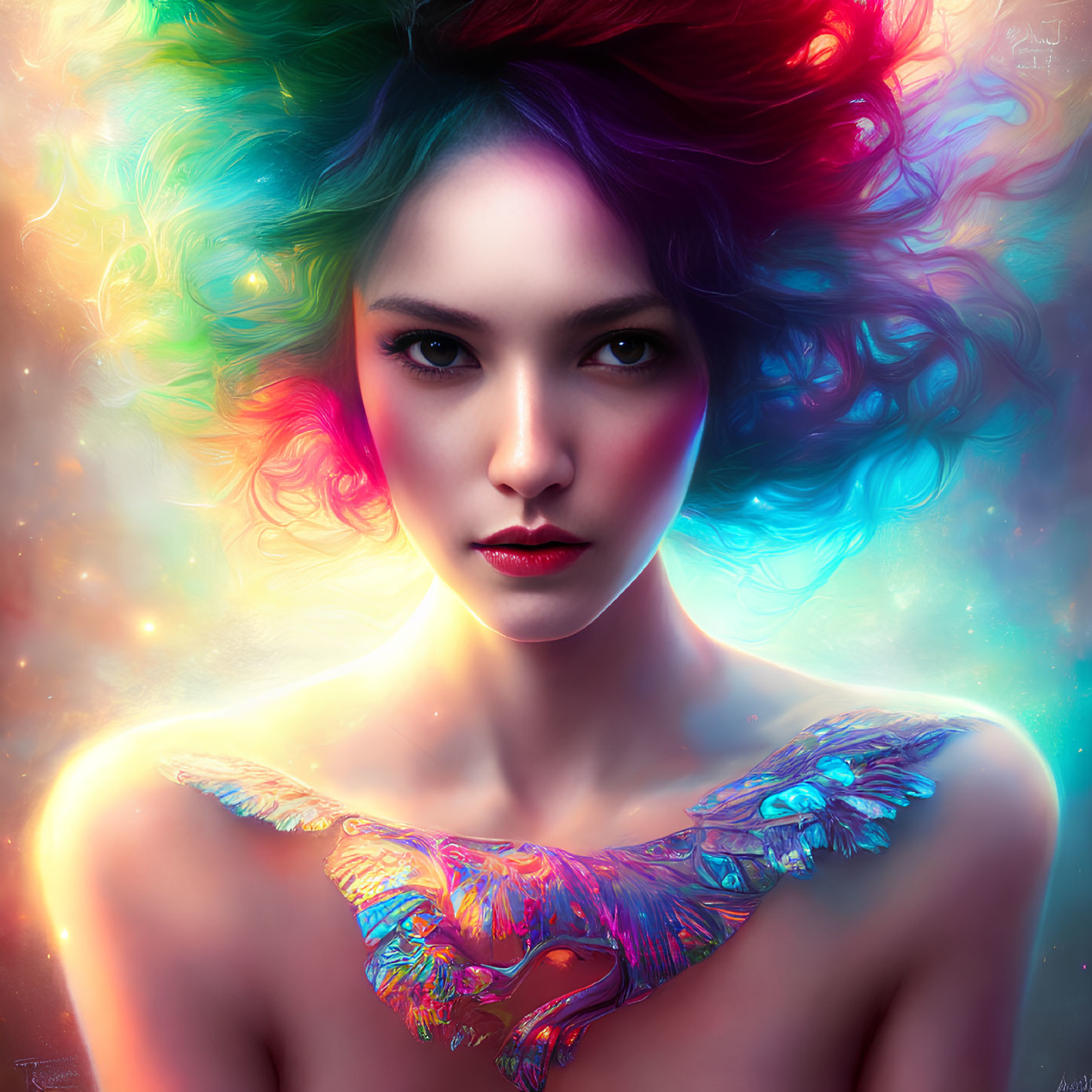 Colorful digital artwork of a woman with multicolored hair and bird tattoo on shoulder