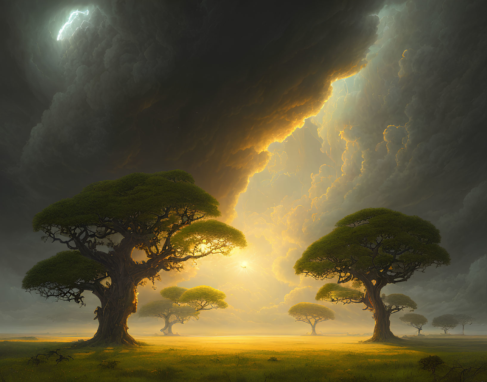 Dramatic Scene: Lush Trees, Stormy Sky, Sunlight on Golden Landscape