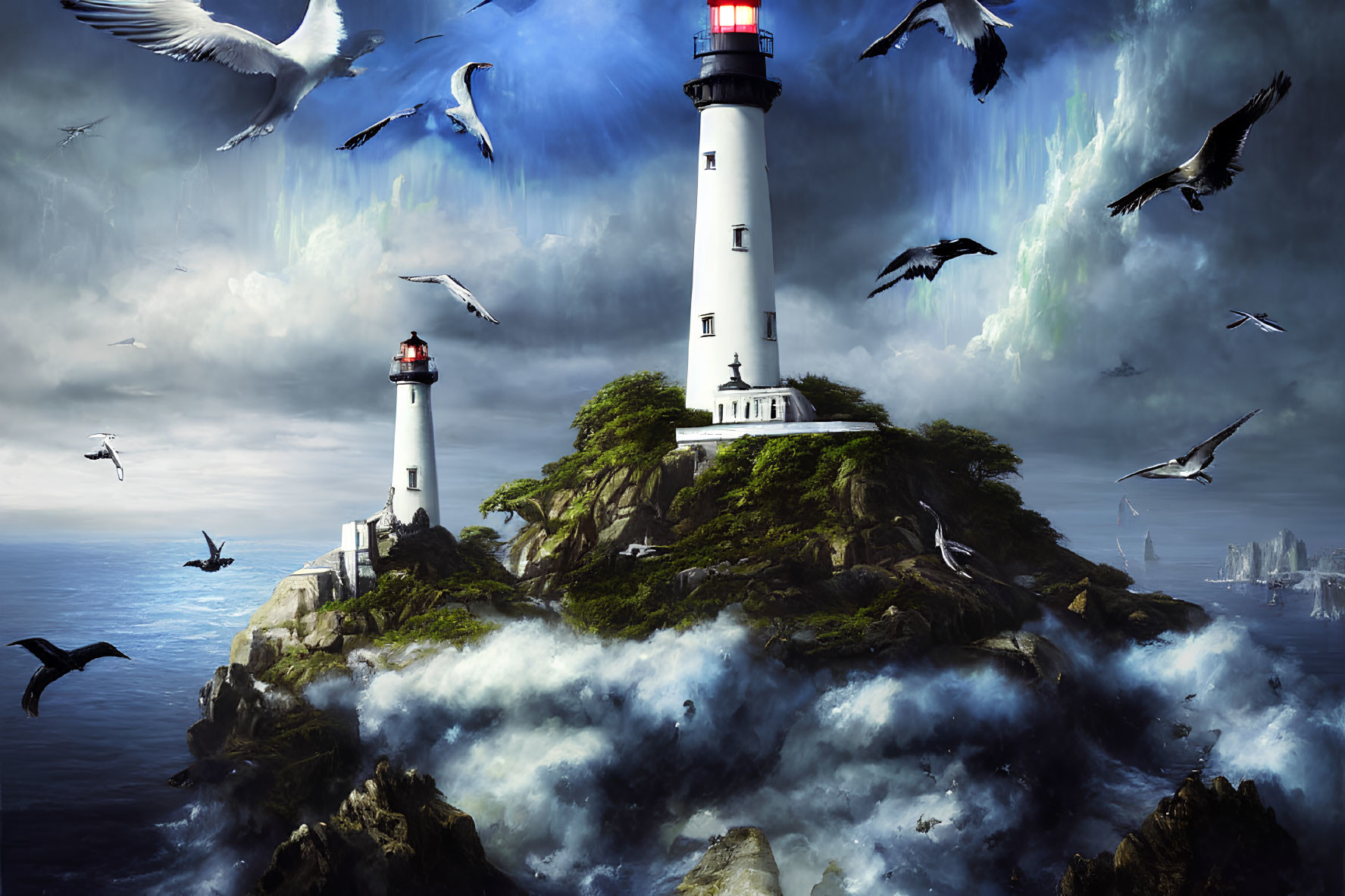 Rugged island with two lighthouses, crashing waves, seagulls, stormy sky