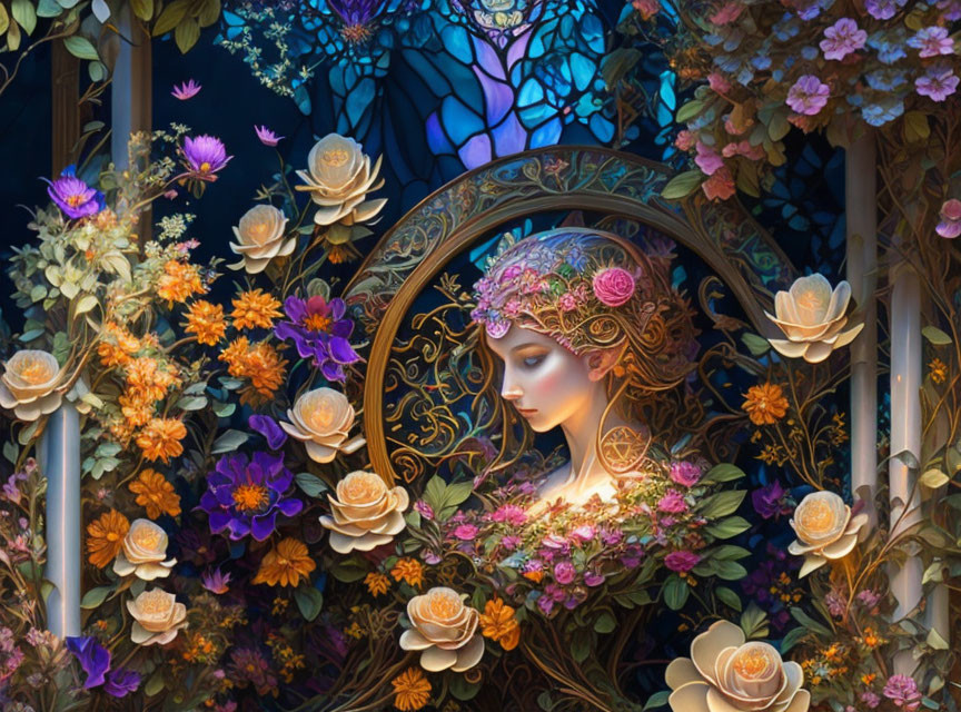 Serene woman with floral crown surrounded by vibrant flowers against stained glass window and nocturnal backdrop