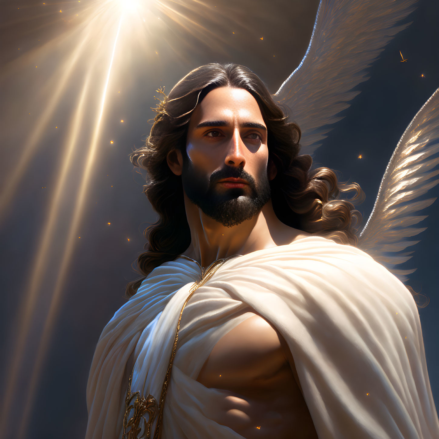 Figure with Angelic Wings Emitting Light and Divine Aura in White and Gold