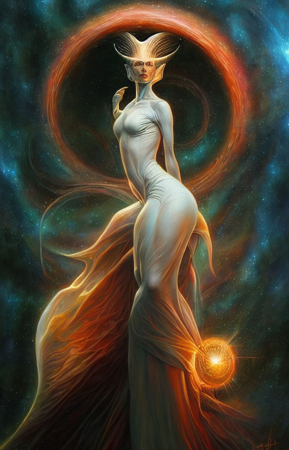 Ethereal figure with elongated head and large eyes in cosmic setting