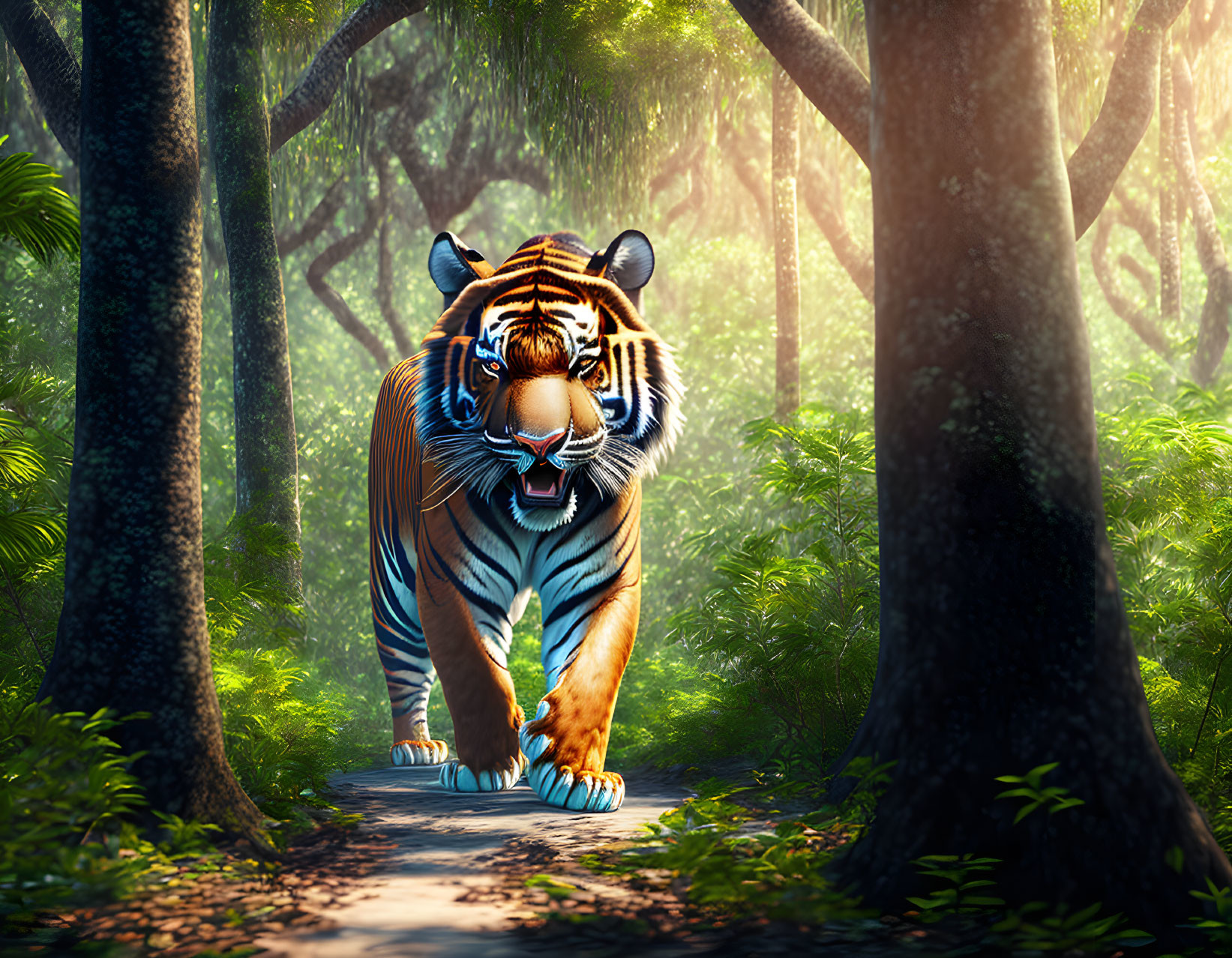 Majestic tiger in lush forest with sunlight rays