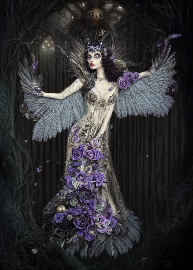 Dark-haired winged woman with crown, owl, and purple flowers in gothic fantasy art