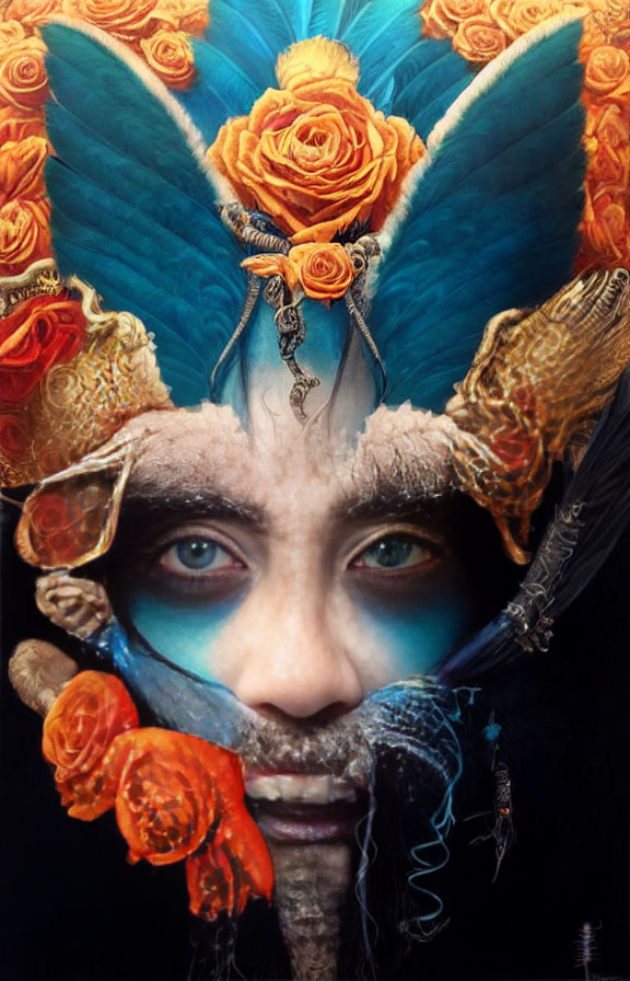 Intense-eyed person in orange floral and blue feathered headgear