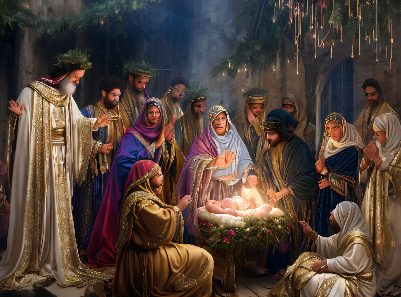Historical Nativity Scene with Reverent Figures and Soft Light