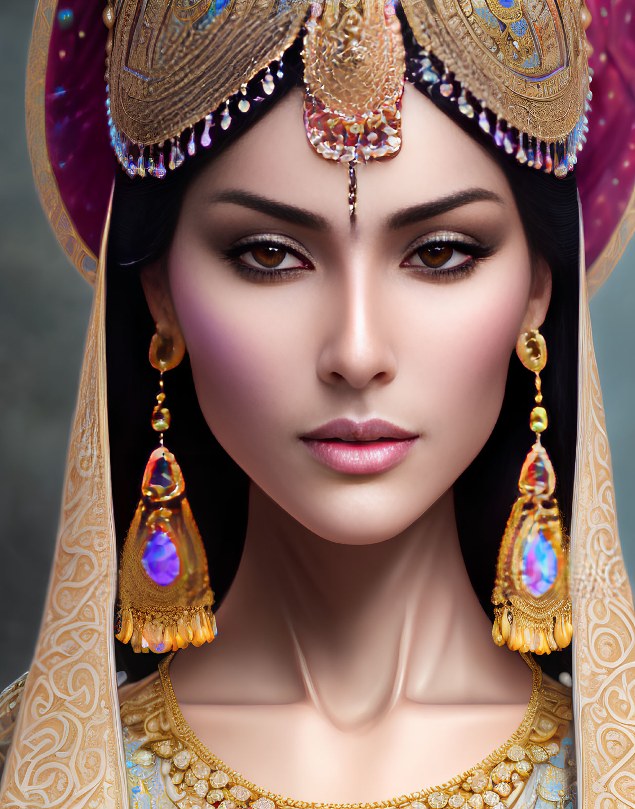Detailed traditional headwear and jewelry on woman gazing forward