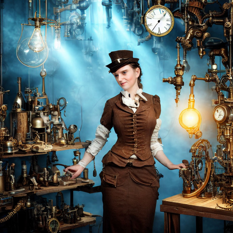 Steampunk-themed woman among Victorian gadgets with glowing tubes.