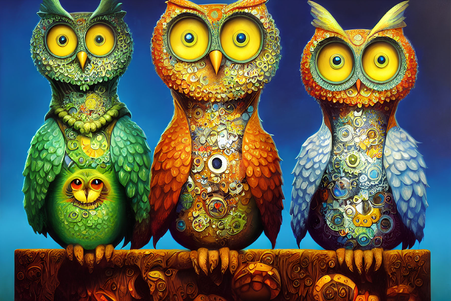 Three colorful stylized owls on branch against blue background