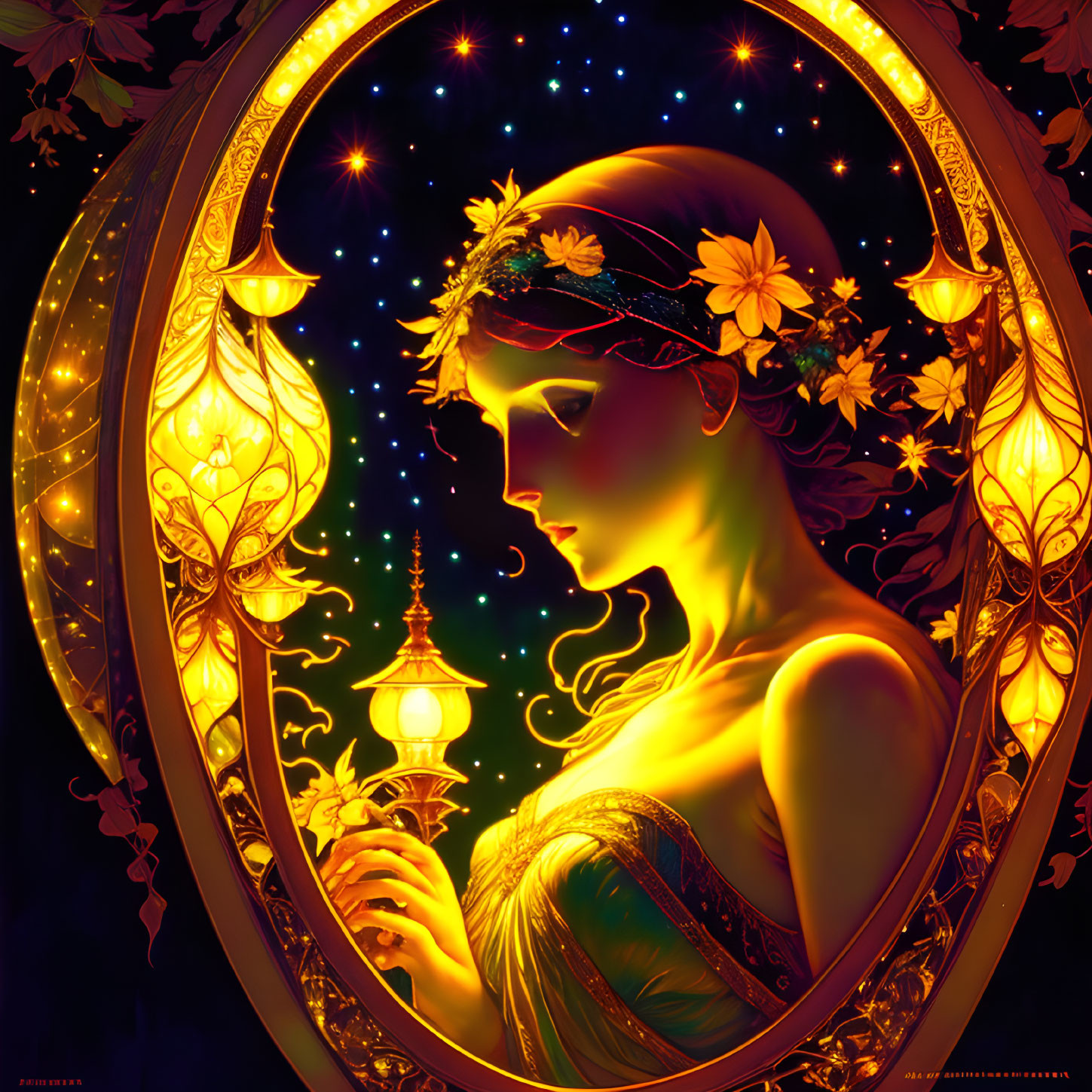 Illustration of woman with glowing skin, flowers, lantern, ornate circular border, night sky.
