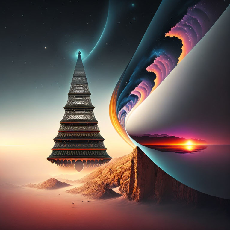 Surreal landscape with twisting pagoda in desert and cosmic scene