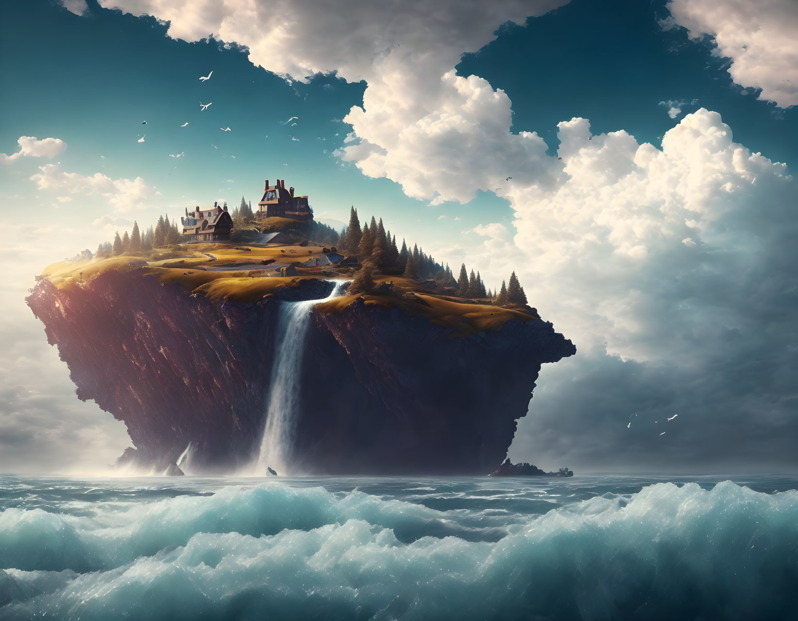 Majestic castle on floating island with waterfall amidst stormy ocean waves