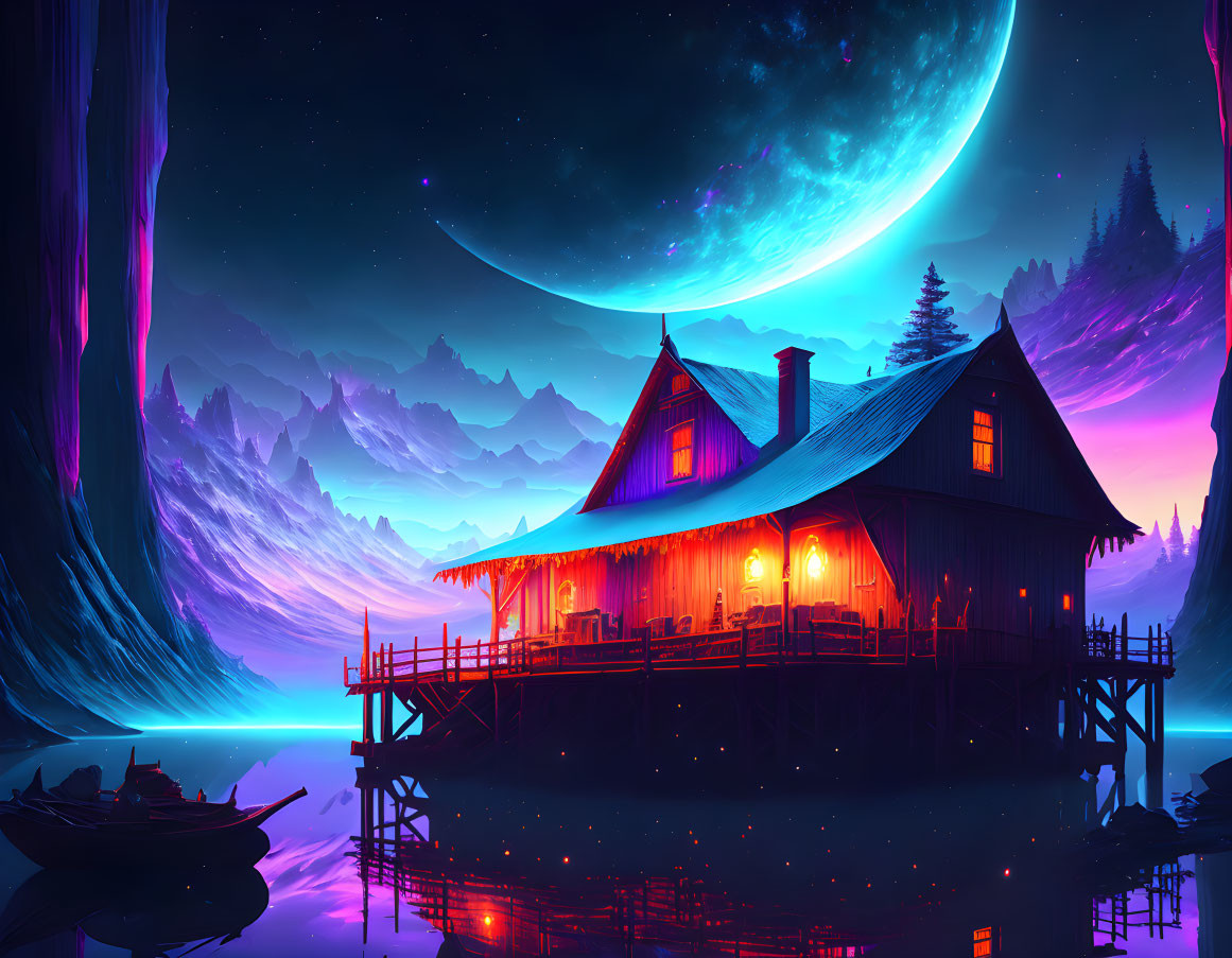 Wooden cabin on lakeside pier under starry sky with crescent moon and alien-like purple mountains