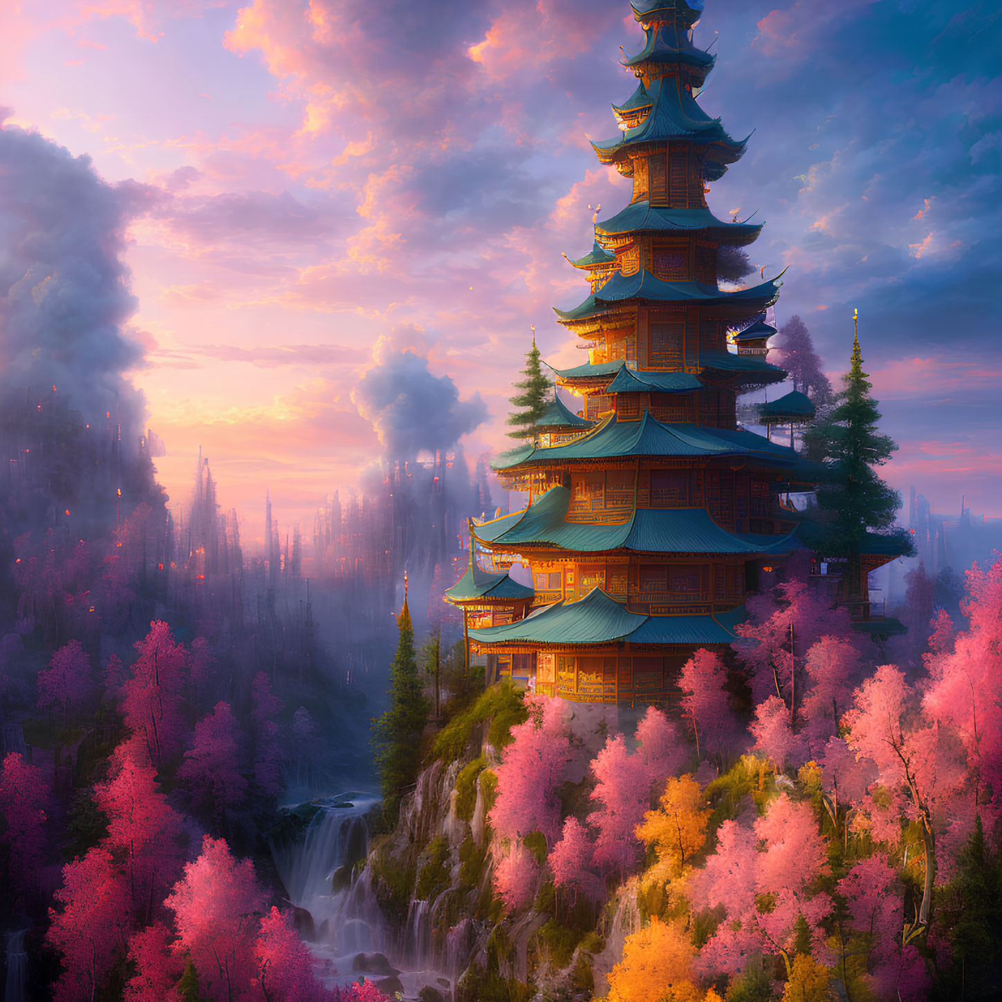 Vibrant Asian Pagoda in Colorful Forest Scene
