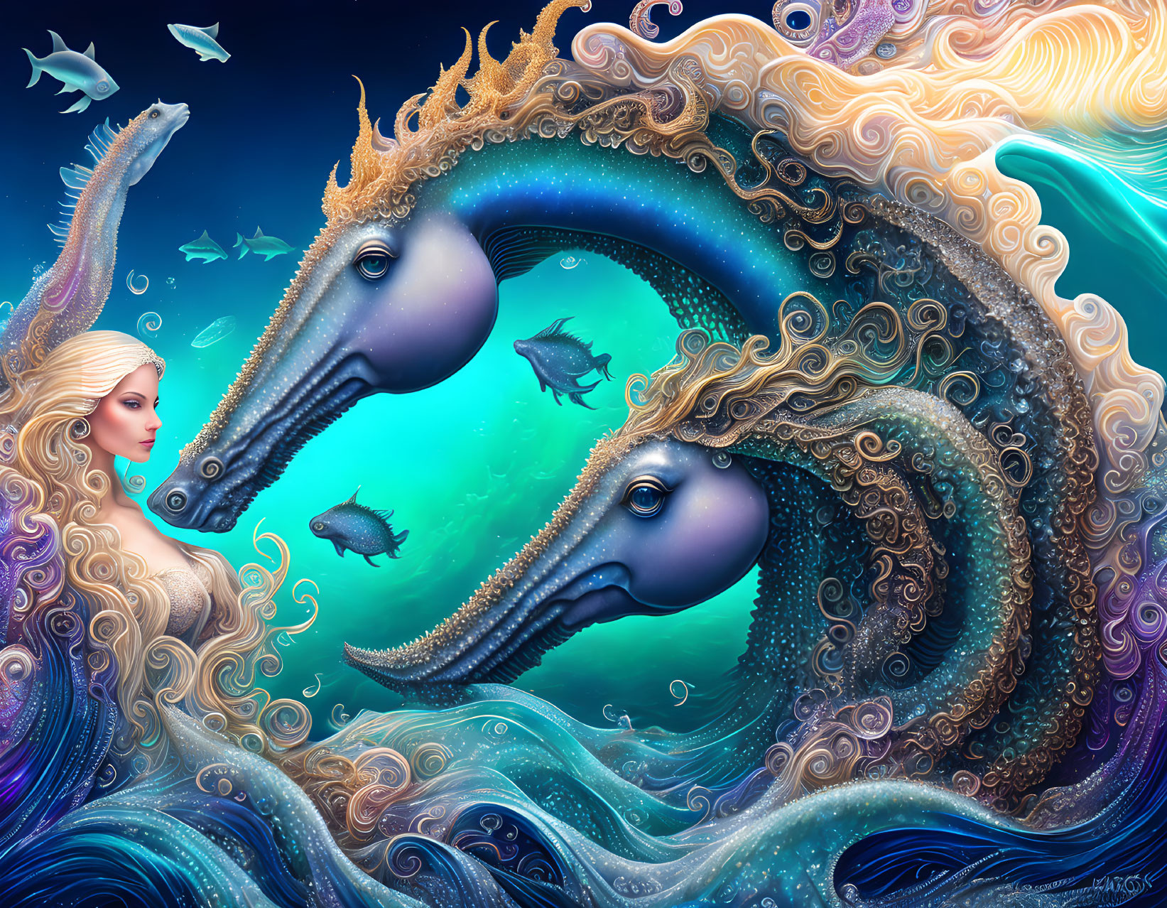 Fantasy illustration of woman with flowing hair and seahorses in underwater scene