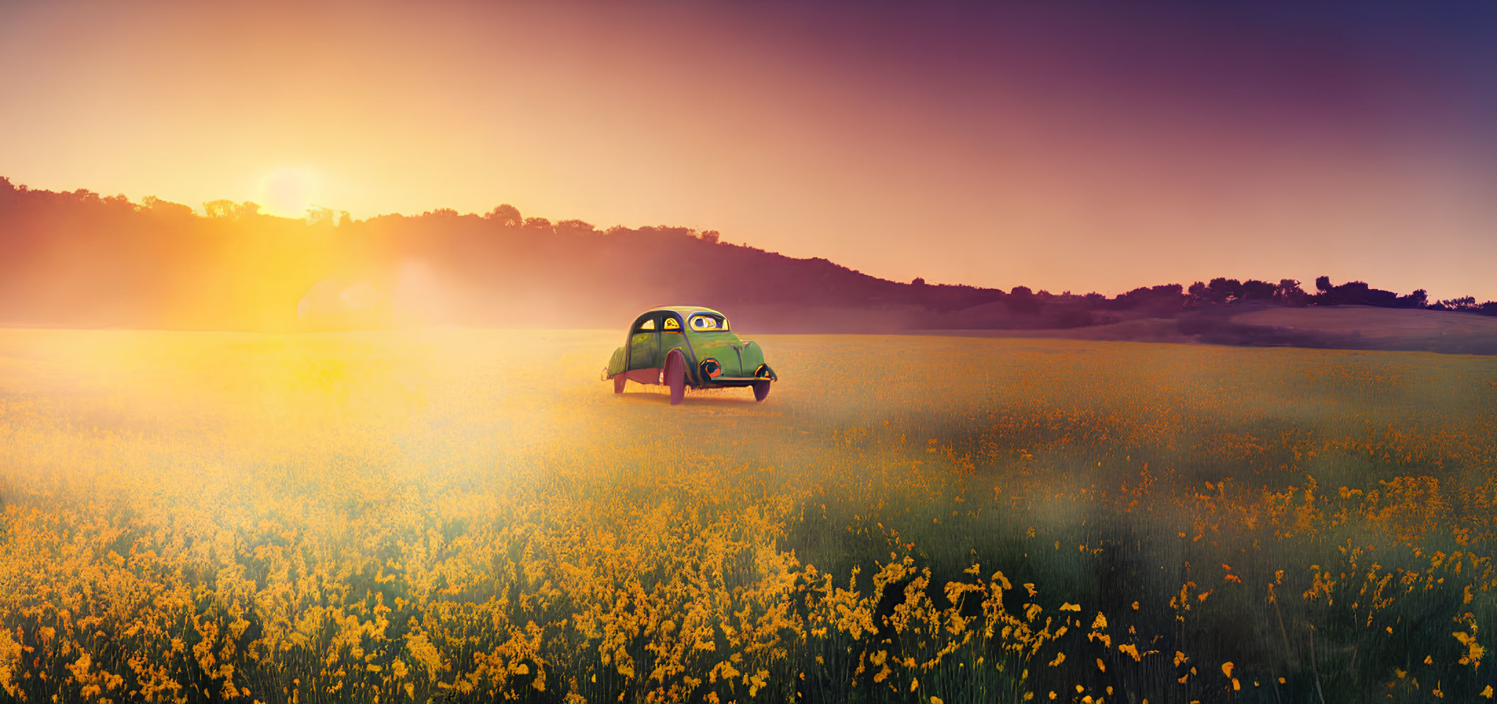 Vintage Car in Field of Yellow Flowers at Sunset