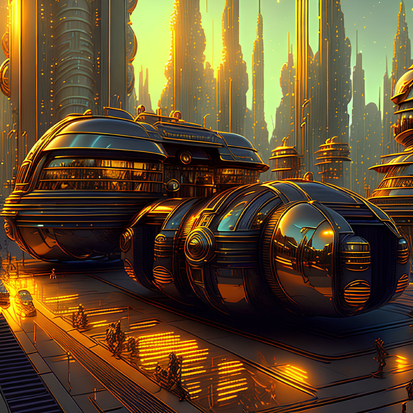 Futuristic cityscape with towering skyscrapers and advanced transportation pods.