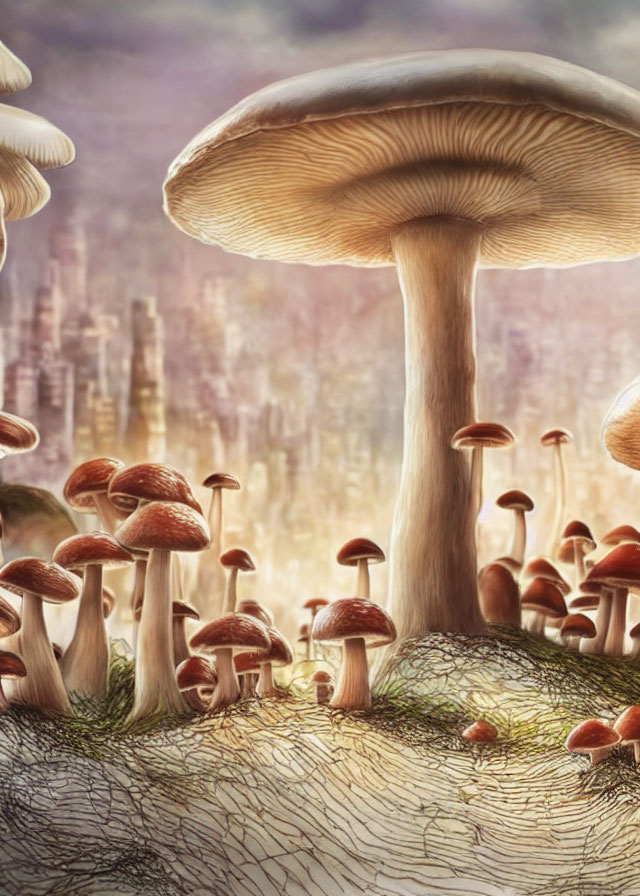 Fantasy landscape with oversized mushrooms and blurred cityscape