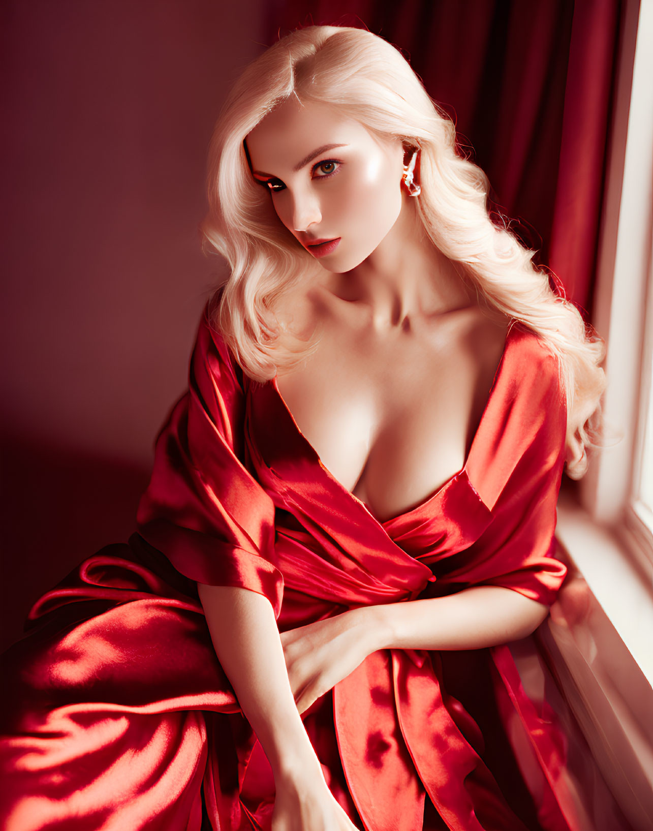 Blond Woman in Red Satin Dress by Window with Warm Light