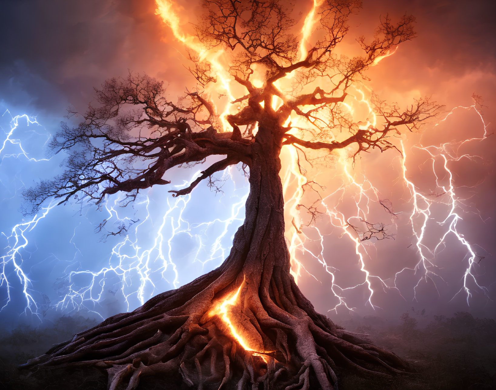 Majestic tree with wide roots under stormy sky and glowing trunk