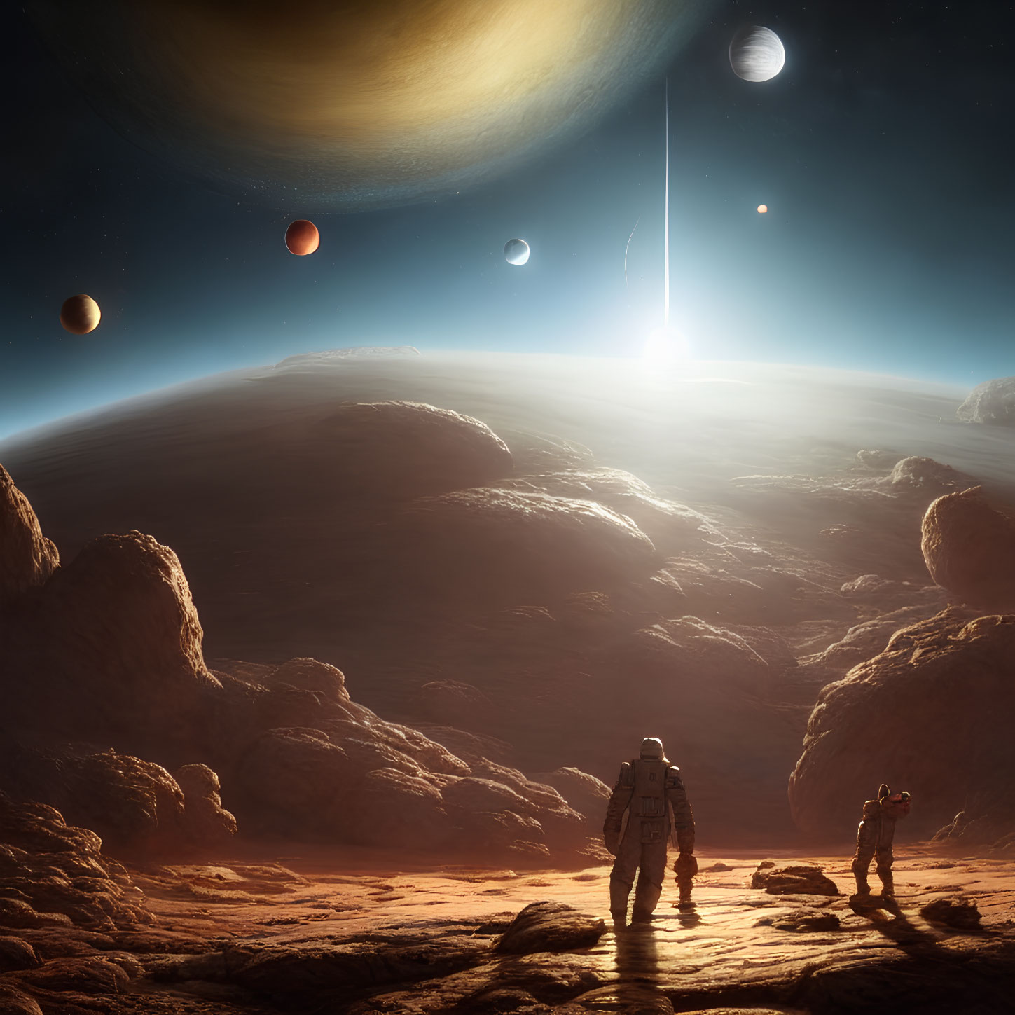 Astronauts on rocky alien planet admire vast space vista