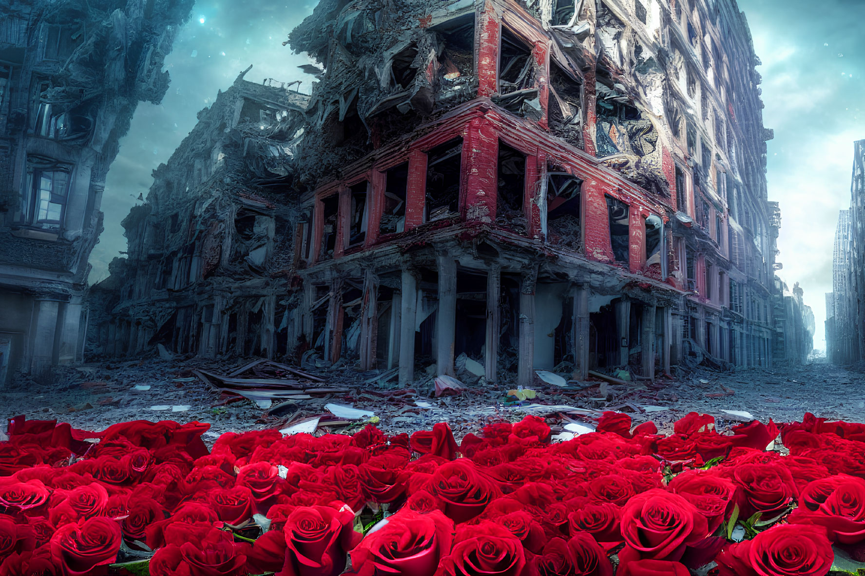 Abandoned buildings surrounded by red roses under cloudy sky