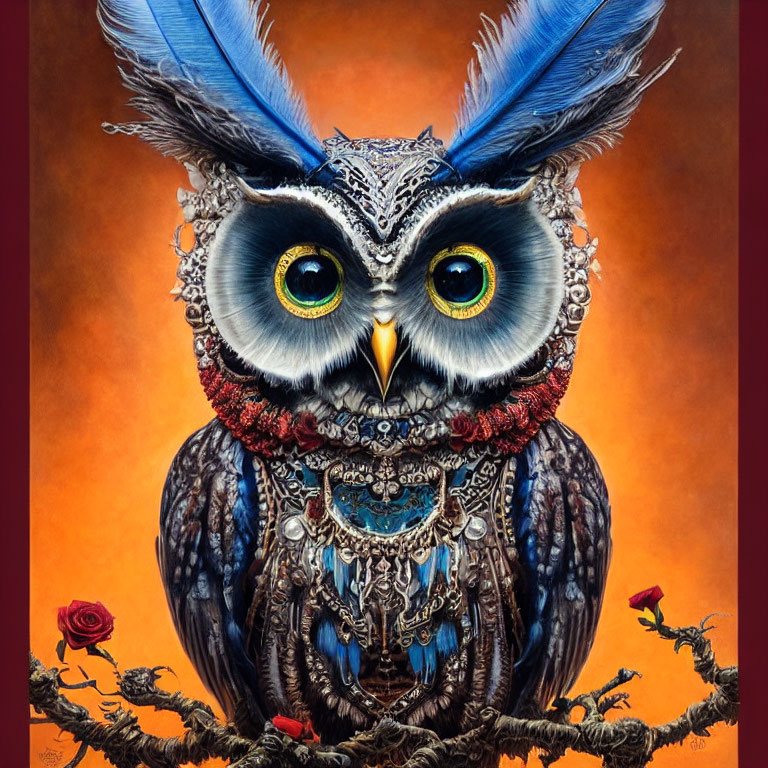 Colorful Owl Illustration with Intricate Patterns and Jewelry