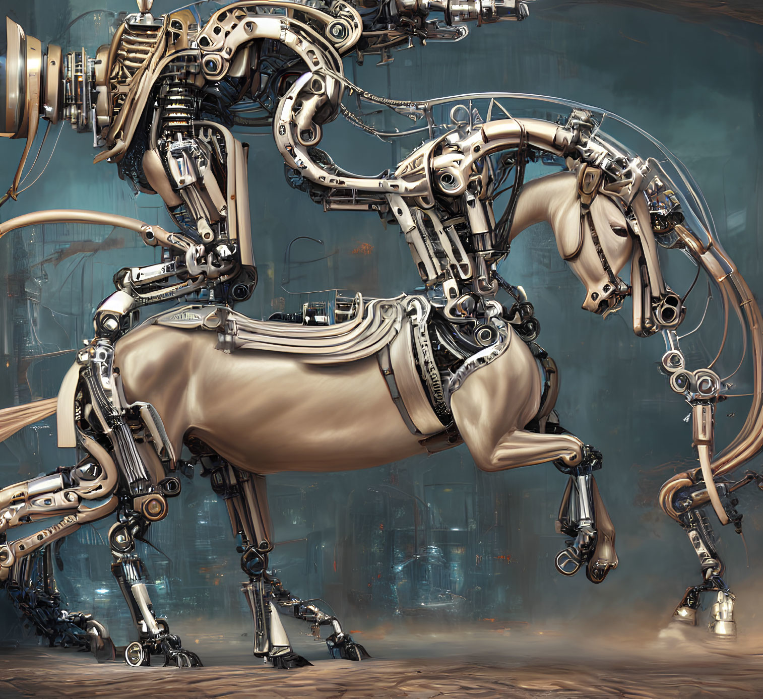 Detailed Image of Mechanical Horse with Futuristic Design in Industrial Setting