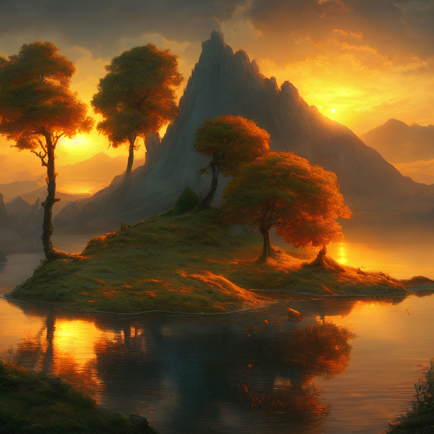 Tranquil lake sunset with island, golden trees, mountain view
