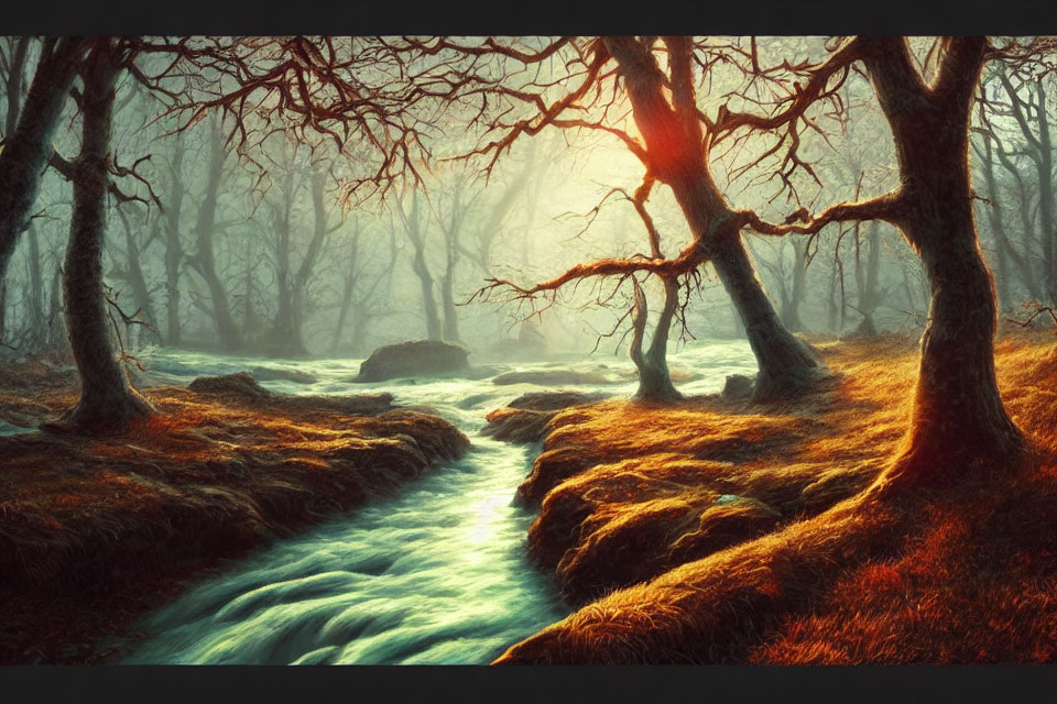 Ethereal forest scene with glowing river and twisted bare trees