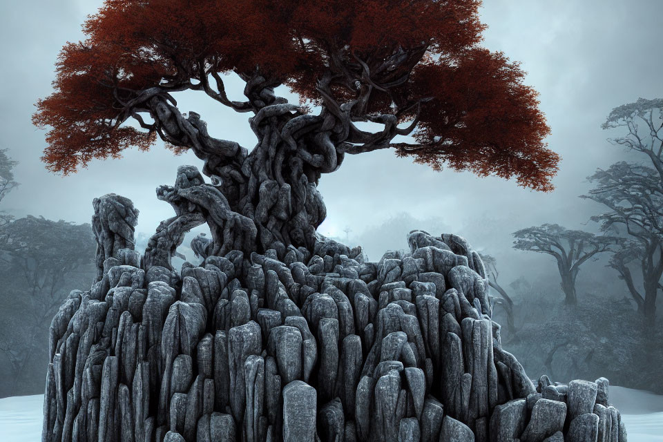 Majestic ancient tree with red leaves on grey stones in misty forest landscape