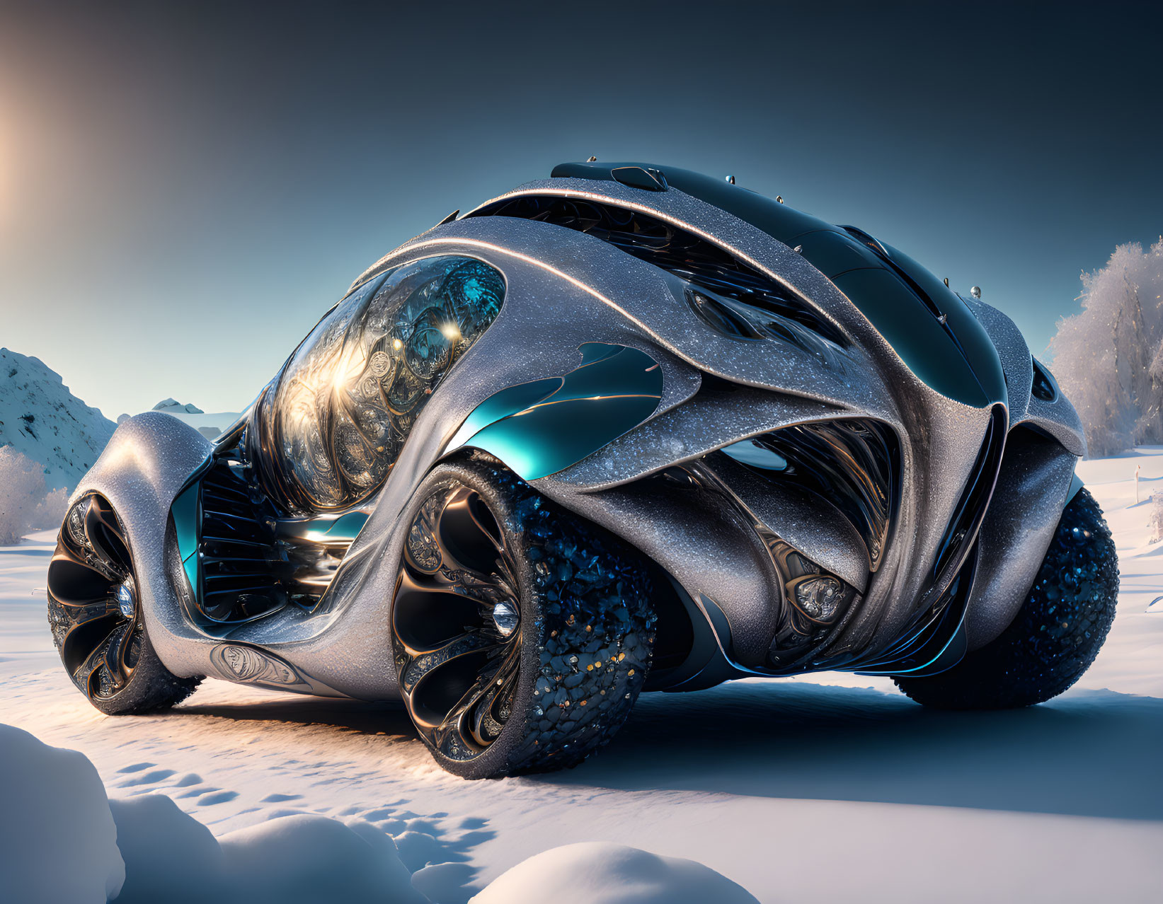Sleek futuristic car with transparent dome in snowy landscape