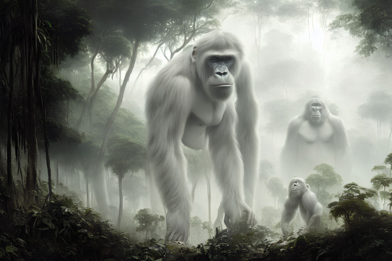 White-Haired Gorillas in Foggy Forest Scene